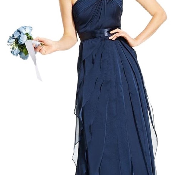 Navy Blue Tiered One-Shoulder Chiffon Gown - Picture 2 of 7